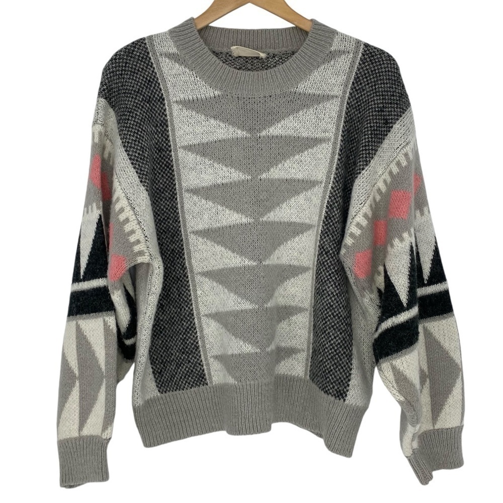 Love + Adored gray & pink abstract puff sleeve crew neck sweater, Large